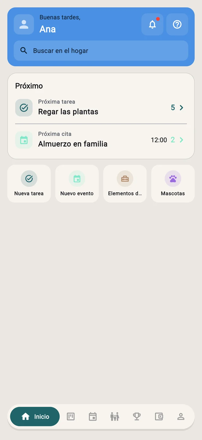 Inicio de Fluxo Casa: próxima tarea, cita y accesos de la familia