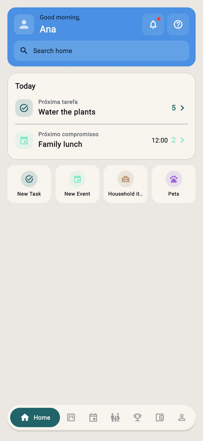 Fluxo Casa Home: next task, appointment and family shortcuts